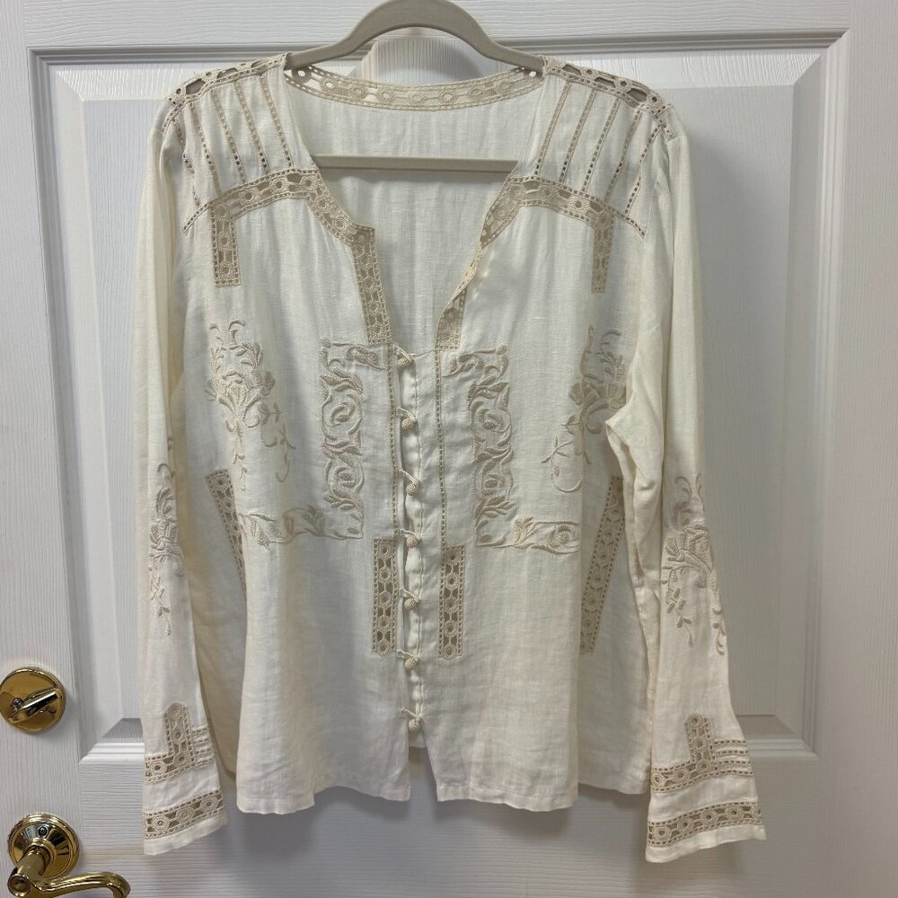 J Jil Linen  Embroidered Blouse in Cream Size XL